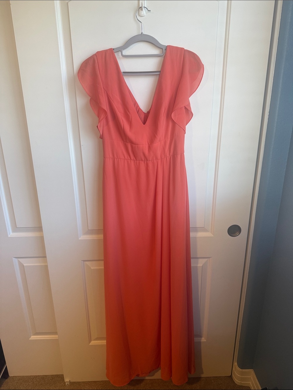 Flutter Sleeve Coral Maxi Dress with V-Neck